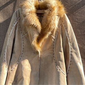 Vintage Guess Suede Leather Jacket Women’s Sz S Brown Faux Fur Stitched RARE
